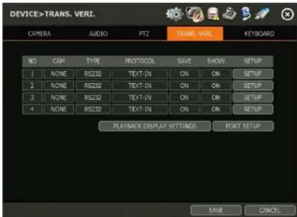 DEVICE>TRANS. VERI. CAMERA AUDIO PTZ TRANS. VERI KEYBOARD NO CAM TYPE PROTOCOL SAVE SHOW SETUP 1 NONE RS232 TEXT-IN ON ON SETUP 2 NONE RS232 TEXT-IN ON ON SETUP 3 NONE RS232 TEXT-IN ON ON SETUP 4 NONE RS232 TEXT-IN ON ON SETUP PLAYBACK DISPLAY SETTINGS PORT SETUP SAVE CANCEL