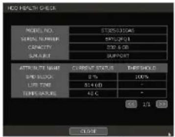HEQ HEALTH CHECK MODEL NO. 51205031DAS SERIAL NUMBER 5RYU2FQ1 CAPACITY 230.6 GB SUPPORT ATTRIBUTED NAME CURRENT STATUS THRESHOLD SND SLODA 0% 100% LIFE TIME 524 (d) - TEMPURNTURE 40°C - X: 1/1 X:0 CLOSE