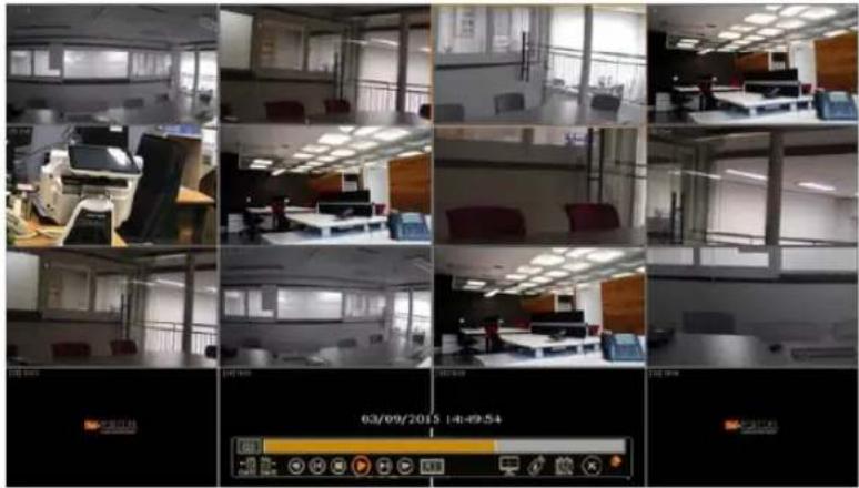 Composite image showing office interior with multiple windows, equipment, and a digital display showing date and time metrics.
