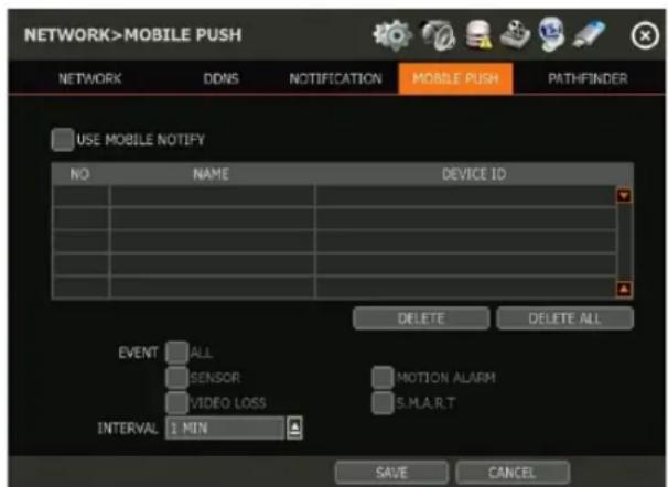 NETWORK>MOBILE PUSH NETWORK DDNS NOTIFICATION MOBILE PUSH PATHFINDER USE MOBILE NOTIFY NO NIME DEVICE ID EVENT ALL Sensor MOTION ALARM VIDEO LOSS S.M.A.R.T INTERVAL 1 MIN DELETE Delete ALL SAVE CANCEL