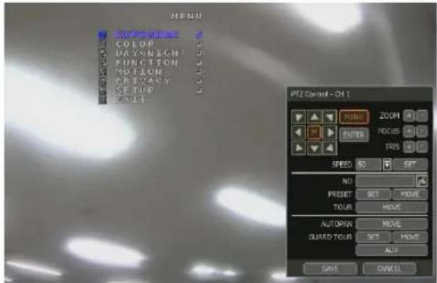 MENU COLOR DAYSLIGHT FUNCTION OUTRUN POTYASY SETUP EXIT PTE Control + OHT 1 HOME ZOOM ENTER FOCUS IRIS SPEED 50 SET NO Preset SET MOVE TOUR MOVE AUTOPIAN MOVE GUARD TOUR SET MOVE ALIX SAVE CANCEL