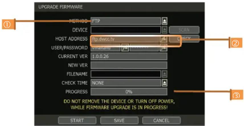 UPGRADE FIRMWARE METHOD FTP DEVICE SCAN HOST ADDRESS ftp.dwcc.tv CHECK USER/PASSWORD vina.xand yv.10.0.26 CURRENT VER 1.0.0.26 NEW VER FILENAME CHECK TIME NONE PROGRESS 0% DO NOT REMOVE THE DEVICE OR TURN OFF POWER, WHILE FIRMWARE UPGRADE IS IN PROGRESS! START SAVE CANCEL
