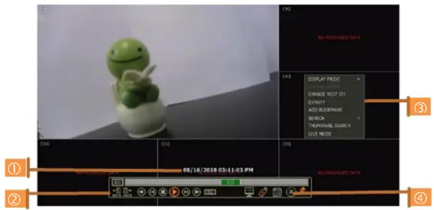 CH2 NO RECOGNED DATA CH3 DISPLAY MODE > CHANGE SHIFT CHANGE NEXT ON EXPORT ADD BOOKMARK SEARCH THURNSWAL SEARCH LIVE MODE CH6 CH5 CH6 08/16/2018 03:11:03 PM NO RECOGNED DATA ① ② ③ ④