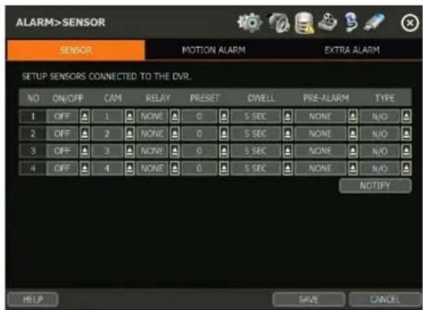 ALARM>Sensor SENSOR MOTION ALARM(EXTRA ALARM) SETUP SENSORS CONNECTED TO THE DVR. NO ON/OFF CAM RELAY PRESET DIVELL PRE-ALARM TYPE 1 OFF 1 NONE 0 5 SEC NONE N/O 2 OFF 2 NONE 0 5 SEC NONE N/O 3 OFF 3 NONE 0 5 SEC NONE N/O 4 OFF 4 NONE 0 5 SEC NONE N/O NOTIFY HELP SAVE CANCEL