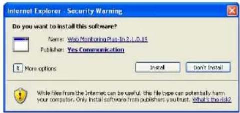 Internet Explorer - Security Warning Do you want to install this software? Name: Web Monitoring Plus-In 2.0.0.15 Publisher: Yes Communication More options Install Don't Install While files from the Internet can be useful, this file type can potentially harm your computer. Only install software from publishers you trust. What's the risk?