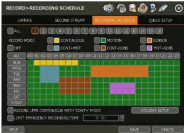 RECORD>RECORDING SCHEDULE CAMERA SECOND STREAM RECORDING SCHEDULE QUICK SETUP ALL 1 2 3 4 5 6 7 8 9 10 11 12 13 14 15 16 RECORD MODE CONTINUOUS MOTION SENSOR OFF CONT+MOT CONT+SENS MOT+SENS ALL 00 01 02 03 04 05 06 07 08 09 10 11 12 13 14 15 16 17 18 19 20 21 22 23 SUN MON TUE WED THU FRI SAT H DAY RECORD IFPS CONTINUOUS WITH 'CONT+' MODE LIMIT EMERGENCY RECORDING TIME 30 SEC HOLIDAY SETUP HELP SAVE CANCEL