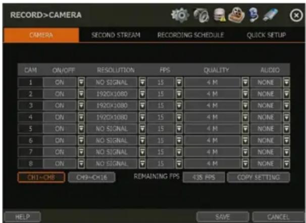 RECORD>CAMERA CAM SECOND STREAM RECORDING SCHEDULE QUICK SETUP CAM ON/OFF RESOLUTION FPS QUALITY AUDIO 1 ON NO SIGNAL 15 4 M NONE 2 ON 1920X1080 15 4 M NONE 3 ON 1920X1080 15 4 M NONE 4 ON 1920X1080 15 4 M NONE 5 ON NO SIGNAL 15 4 M NONE 6 ON NO SIGNAL 15 4 M NONE 7 ON NO SIGNAL 15 4 M NONE 8 ON NO SIGNAL 15 4 M NONE CH1~CH8 CH9~CH16 REMAINING FPS 435 FPS COPY SETTING HELP SAVE CANCEL