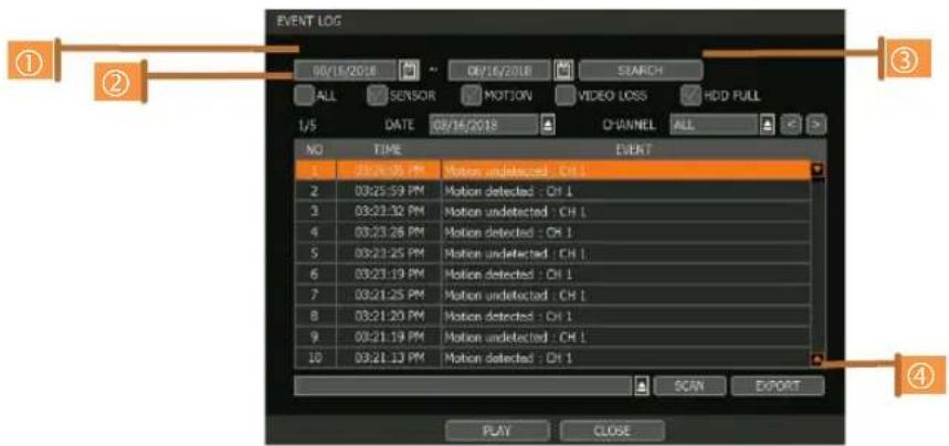 EVENT LOG 08/16/2018 08/16/2018 SEARCH ALL SENSOR NOTION VIDEO LOSS HDD FULL 1/5 DATE 08/16/2018 CHANNEL ALL NO TIME EVENT 1 23:26:05 PM Motion undetected : CH 1 Motion detected : Ch 1 03:25:59 PM Motion undetected : CH 1 03:23:32 PM Motion undetected : CH 1 03:23:26 PM Motion undetected : CH 1 03:23:25 PM Motion undetected : CH 1 03:23:19 PM Motion undetected : CH 1 03:21:25 PM Motion undetected : CH 1 03:21:20 PM Motion undetected : CH 1 03:21:19 PM Motion undetected : CH 1 03:21:13 PM Motion undetected : Ch 1 SCAN EXPORT PLAY CLOSE ① ② ③ ④