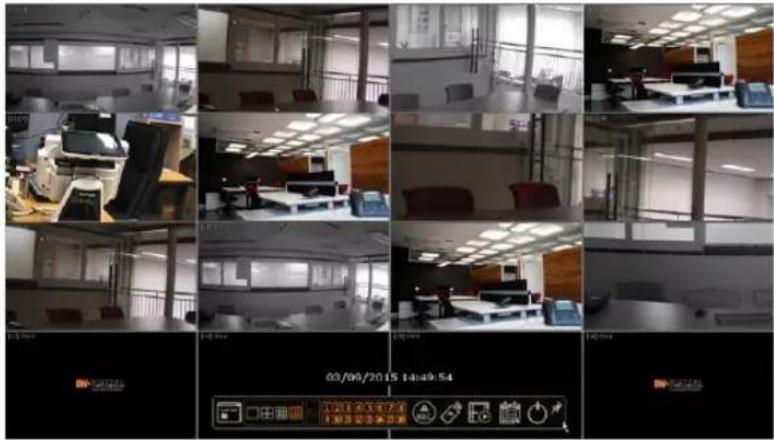 Screenshot of a surveillance camera operation with multiple office scenes and a digital display showing date and time settings.