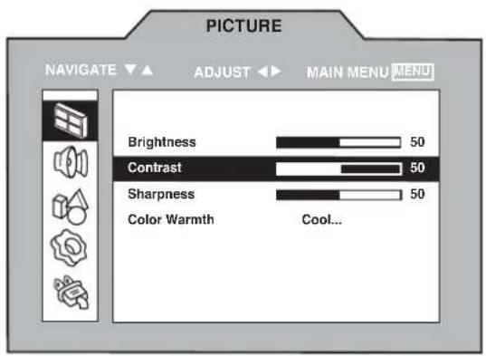PICTURE NAVIGATE ▼ ▲ ADJUST ▶ MAIN MENU MENU Brightness 50 Contrast 50 Sharpness 50 Color Warmth Cool...