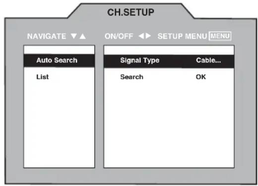 CH.SETUP NAVIGATE ▼▲ ON/OFF ◀► SETUP MENU MENU Auto Search List Signal Type Cable... Search OK