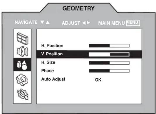 GEOMETRY NAVIGATE ▼ ▲ ADJUST ◀ MAIN MENU MENU H. Position V. Position H. Size Phase Auto Adjust OK