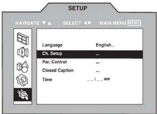 SETUP NAVIGATE ▼ ▲ SELECT ▶ MAIN MENU MENU Language English... Ch. Setup ... Par. Control ... Closed Caption ... Time _:_am