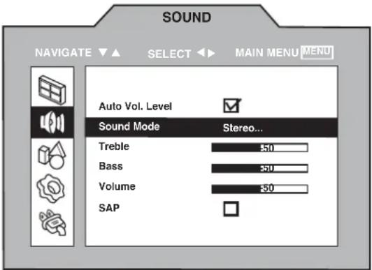 SOUND NAVIGATE ▼ ▲ SELECT ▶ MAIN MENU [MENU] Auto Vol. Level Sound Mode Stereo... Treble 550 Bass 550 Volume 550 SAP