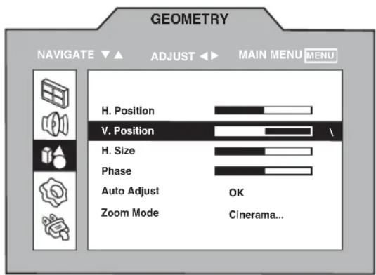 GEOMETRY NAVIGATE ▼ ▲ ADJUST ▶ MAIN MENU MENU H. Position V. Position H. Size Phase Auto Adjust OK Zoom Mode Cinerama...