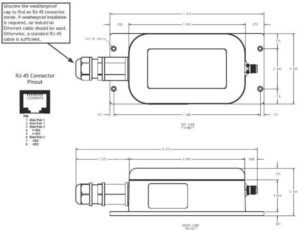 Unscrew the weatherproof cap to find an RJ-45 connector inside. If weatherproof installation is required, an industrial Ethernet cable should be used. Otherwise, a standard RJ-45 cable is sufficient. RJ-45 Connector Pinout 12345078 PIN 1 Data Pair 1 2 Data Pair 1 3 Data Pair 2 4 +VDC 5 +VDC 6 Data Pair 2 7 -VDC 8 -VDC 1.374 333 1.361 333 .776 2.647 3.555 .776 101 7.480 107 30° VIEW *VDCRES* 9.322 2.325 3.961 636 531 1.426 2.444 197 ECKR1 V129 *VDCRES*