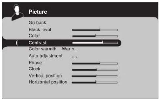 Picture Go back Black level Color Contrast Color warmth Warm... Auto adjustment .... Phase Clock Vertical position Horizontal position