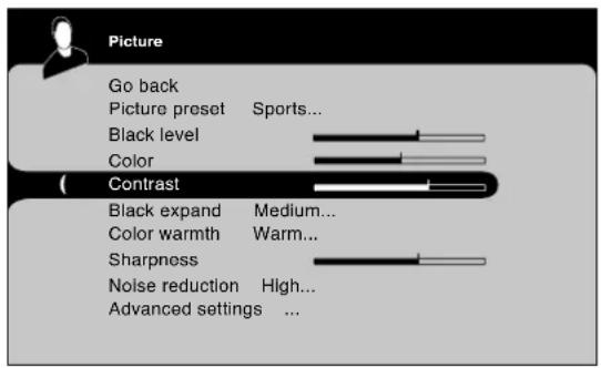 Picture Go back Picture preset Sports... Black level Color Contrast Black expand Medium... Color warmth Warm... Sharpness Noise reduction High... Advanced settings ...