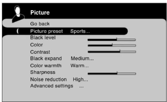 Picture Go back Picture preset Sports... Black level Color Contrast Black expand Medium... Color warmth Warm... Sharpness Noise reduction High... Advanced settings ...