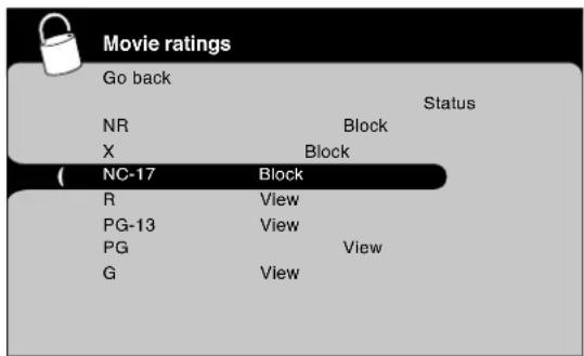 Movie ratings Go back Status NR Block X Block ( NC-17 Block R View PG-13 View PG View G View