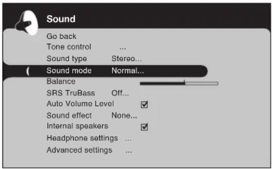 Sound Go back Tone control ... Sound type Stereo... Sound mode Normal... Balance SRS TruBass Off... Auto Volume Level ✓ Sound effect None... Internal speakers ✓ Headphone settings ... Advanced settings ...