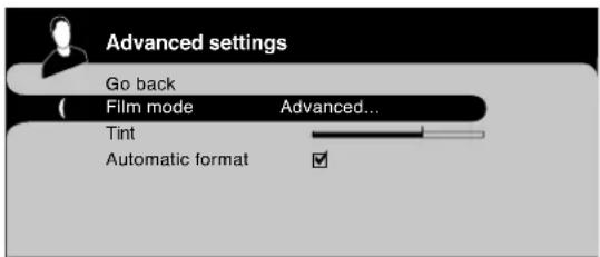 Advanced settings Go back Film mode Advanced... Tint Automatic format ✓