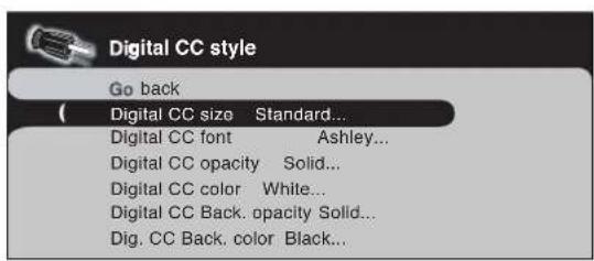 Digital CC style Go back ( Digital CC size Standard... Digital CC font Ashley... Digital CC opacity Solid... Digital CC color White... Digital CC Back. opacity Solid... Dig. CC Back. color Black...