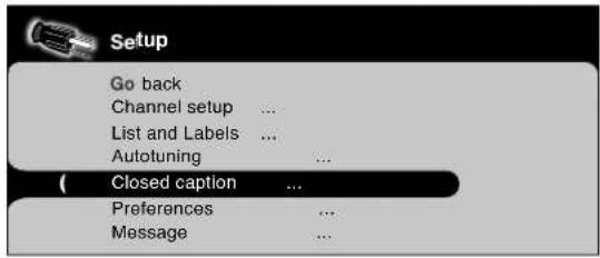 Setup Go back Channel setup ... List and Labels ... Autotuning ... ( Closed caption ... Preferences ... Message ...