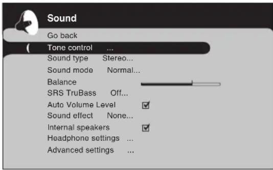 Sound Go back Tone control ... Sound type Stereo... Sound mode Normal... Balance SRS TruBass Off... Auto Volume Level ✓ Sound effect None... Internal speakers ✓ Headphone settings ... Advanced settings ...