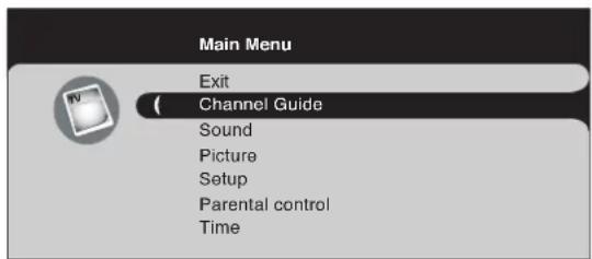 Main Menu Exit Channel Guide Sound Picture Setup Parental control Time