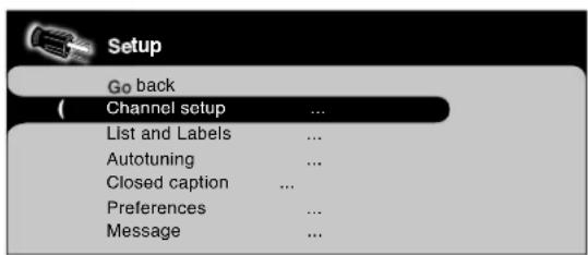 Setup Go back Channel setup ... List and Labels ... Autotuning ... Closed caption ... Preferences ... Message ...