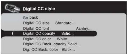Digital CC style Go back Digital CC size Standard... Digital CC font Ashley... ( Digital CC opacity Solid... Digital CC color White... Digital CC Back. opacity Solid... Dig. CC Back. color Black...