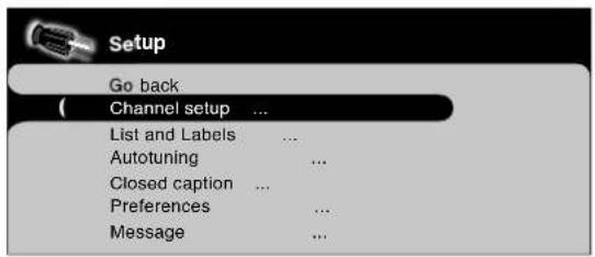 Setup Go back Channel setup ... List and Labels ... Autotuning ... Closed caption ... Preferences ... Message ...