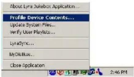 About Lyra Jukebox Application... Profile Device Contents... Update System Files... Verify User Playlists... LyraSync... MyDiLikos... Close Application 2:46 PM