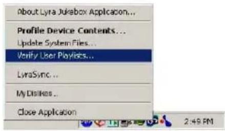 About Lyra Jukebox Application... Profile Device Contents... Update System Files... Verify User Playlists... LyraSync... My Dislikes... Close Application 2:49 PM