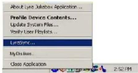 About Lyra Jukebox Application... Profile Device Contents... Update System Files... Verify User Playlists... LyraSync... My Dis likes... Close Application 2:52 PM