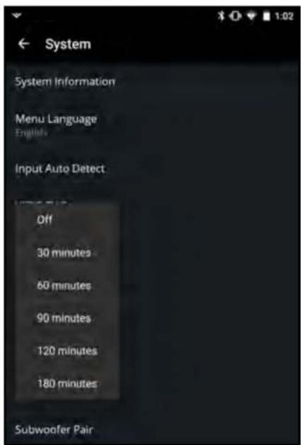 ← System System Information Menu Language English Input Auto Detect Off 30 minutes 60 minutes 90 minutes 120 minutes 180 minutes Subwoofer Pair