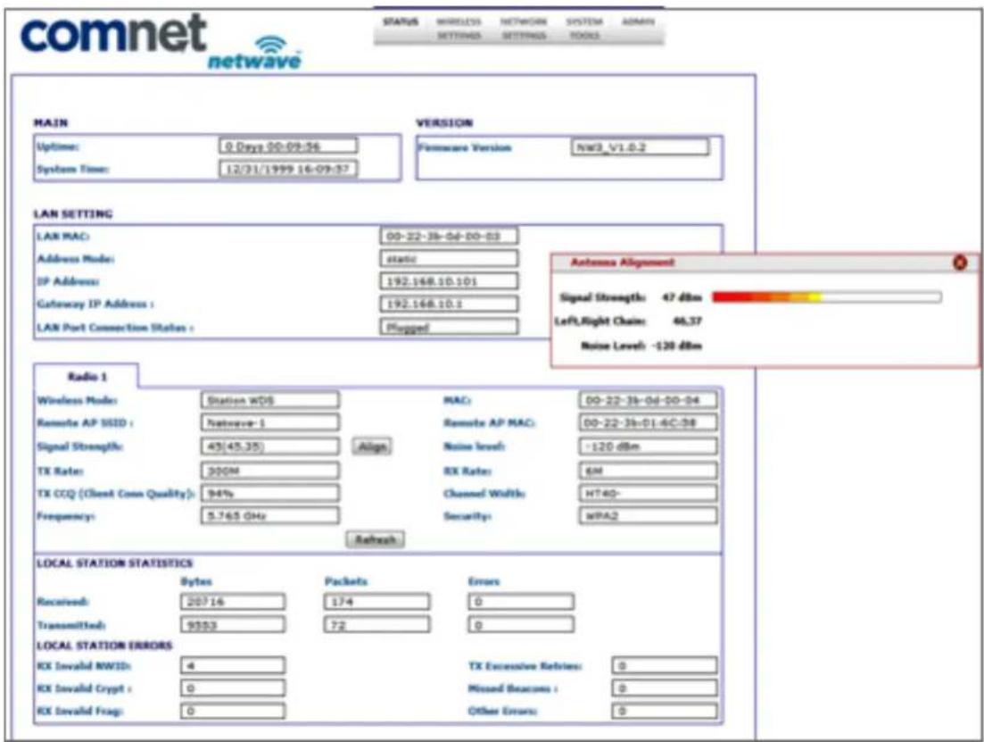 comnet netwave STATUS WIRELESS NETWORK SYSTEM ADMIN SETTINGS SETTINGS TOOLS MAIN Uptime: 0 Days 00:09:56 System Time: 12/31/1999 16-09:57 VERSION Formware Version NWD_V1.0.2 LAN SETTING LAN MAC: 00-22-38-04-00-03 Address Mode: static IP Address: 192.168.10.101 Gateway IP Address : 192.168.10.1 LAN Port Connection Status : Plapped Radio 1 Wireless Mode: Station WDS Remote AP SSD : Netwave-1 Signal Strength: 43(45.35) TX Rate: 300M TX CCQ (Client Conn Quality): 94% Frequency: 5.765 GHz MAC: 00-22-38-04-00-04 Remote AP MAC: 00-22-38-01-6C:08 Noise level: -120 dBm RX Rate: 6M Channel Width: HT-60- Security: MPA2 Refresh LOCAL STATION STATISTICS Bytes Packets Errors Received: 20716 174 0 Transmitted: 9553 72 0 LOCAL STATION ERRORS RX Invalid NWSD: 4 TX Excessive Retriess: 0 RX Invalid Crypt : 0 Missed Beacons : 0 RX Invalid Frag: 0 Other Errors: 0