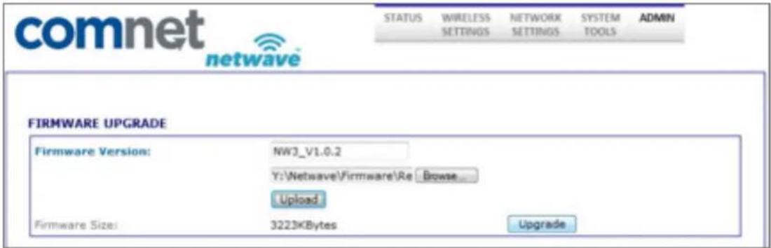 comnet netwave STATUS WIRELESS SETTINGS NETWORK SETTINGS SYSTEM TOOLS ADMIN FIRMWARE UPGRADE Firmware Version: NW3_V1.0.2 Y:\Netwave\Firmware\Re Browse... Upload Firmware Size: 3223KBytes Upgrade