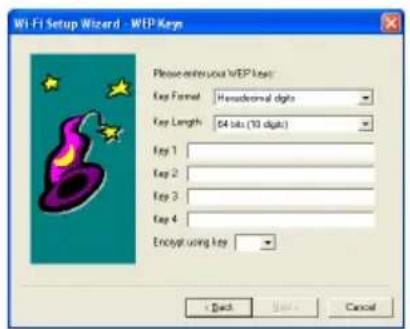 WiFi Setup Wizard - WEP Key Please enter your WEP Key: Key Format: Hesadrenal digits Key Length: 64 bits (10 digits) Key 1: Key 2: Key 3: Key 4: Encrypt using Key + Back Next Cancel