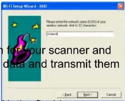 Wi-Fi Setup Wizard - SSD Please enter the network none (SSD) of your worker network, led to 32 characters: [Unread] for your scanner and data and transmit them < Back Next > Cancel