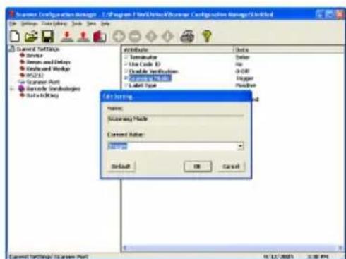 Current Configuration Manager - T:\Program Files\Design\Controller\Configuration Manager\Control Current Settings Service Design and Delays Keyboard Workouts PC231 Scanned Port Scanned Designing Data Modelling Edit Setting Name: Scanning Mode Current Value: Name: Default OK Cancel Current Settings / Screen Port 15/12/2005 0:00 PM