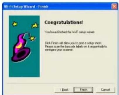 Wi-Fi Setup Wizard - Finish Congratulations! You have finished the WiFi setup wizard. Click Finish will allow you to print a setup sheet. Please scan the barcode label on it sequentially to configure your resume.