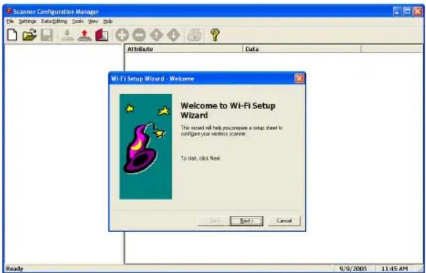 Scanner Configuration Manager File Settings Data Editing Tools Show Help Attribute Data WI-FI Setup Wizard - Welcome Welcome to WI-FI Setup Wizard This wizard will help you prepare a setup sheet to configure your wireless scanner. To start, click Next Send Next Cancel Ready 9/9/2005 11:45 AM
