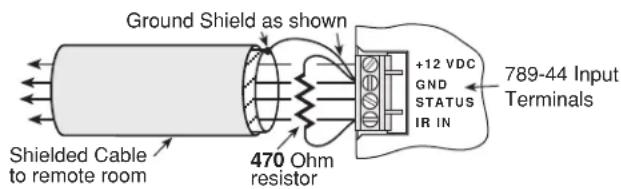 Ground Shield as shown Shielded Cable to remote room 470 Ohm resistor +12 VDC GND STATUS IR IN 789-44 Input Terminals