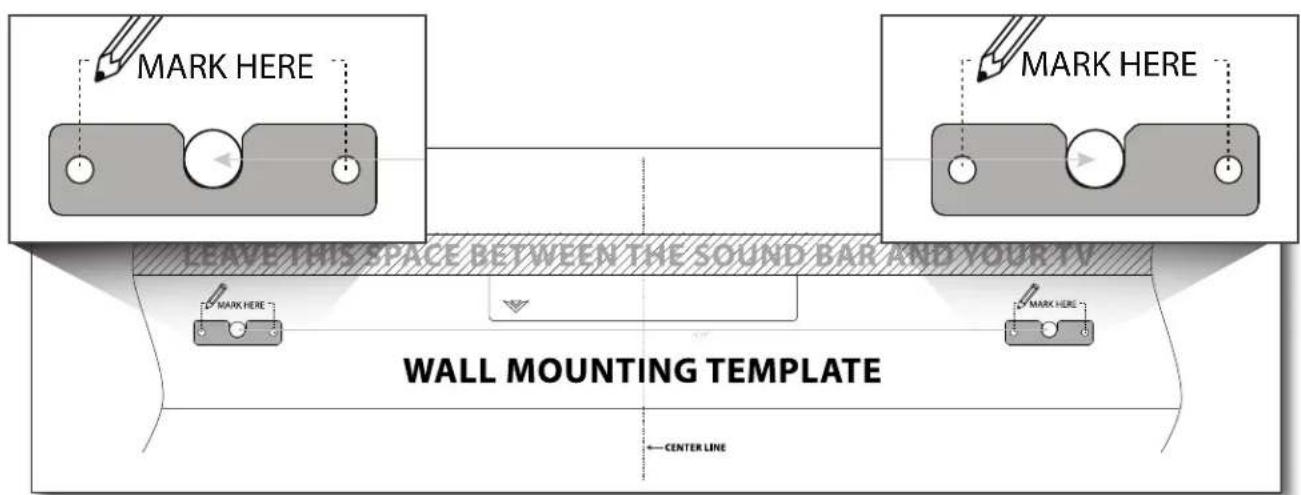 MARK HERE MARK HERE LEAVE THIS SPACE BETWEEN THE SOUND BAR AND YOUR TIME MARK HERE MARK HERE WALL MOUNTING TEMPLATE CENTER LINE