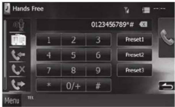 Hands Free 0123456789*# 1 2 3 Preset1 4 5 6 Preset2 7 8 9 Preset3 * 0/+ # Menu TEL
