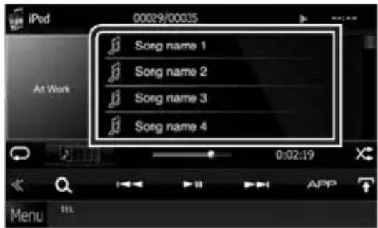 iPod 00029/00035 Song name 1 Song name 2 Song name 3 Song name 4 At Work 0:02:19 Menu