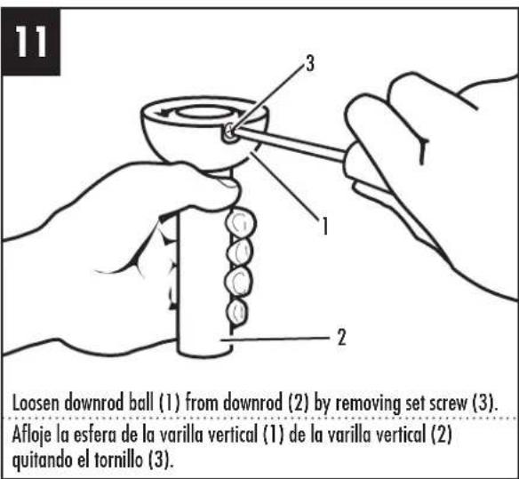 11 Loosen downrod ball (1) from downrod (2) by removing set screw (3). Afloje la esfera de la varilla vertical (1) de la varilla vertical (2) quitando el tornillo (3).