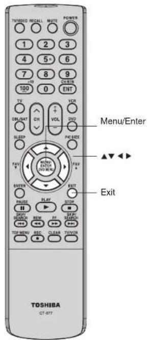 TOWHIBA CT-977 TV/VIDEO/RECALL MUTE POWER 1 2 3 4 5° 6 7 8 9 100 0 ENT TV COLORAT CH VOL DVD BLEEP PAC BEE FAV1 NBCO ENTER DVD REG FAV A ENTER EXIT PAUSE PLAY STOP EXIT REACH FF TWP SEARCH TOP MENU REC CLEAR TV/VIR